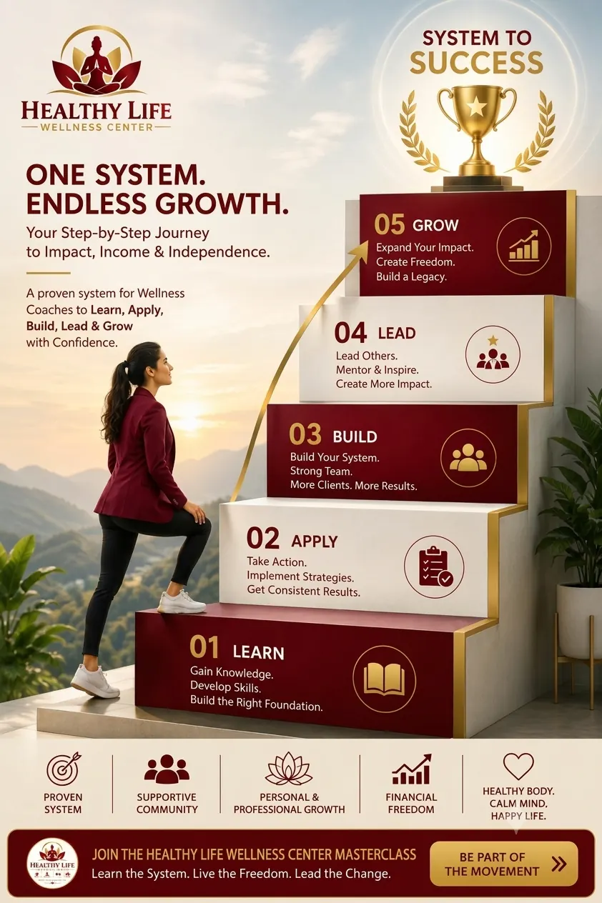 One System, Endless Growth — Learn, Apply, Build, Lead, Grow के 5 steps वाला poster