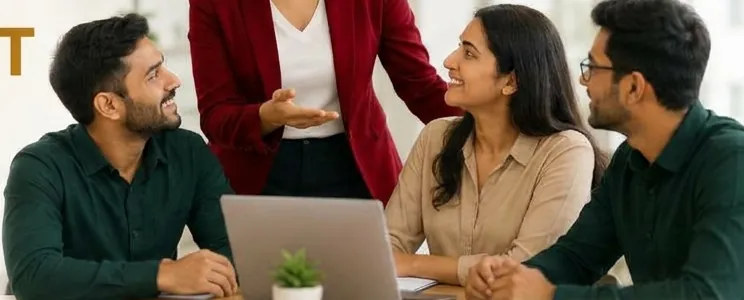 Team session में supervisor अपने साथियों के साथ planning पर चर्चा करती हुई
